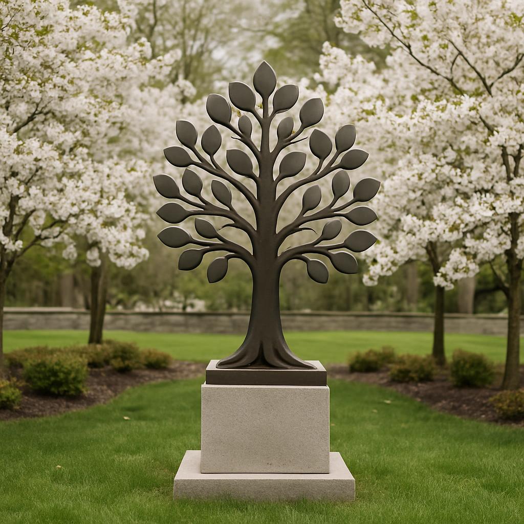 A large metal tree statue sits on a pedestal in a grassy yard. The tree has a large brown trunk and many smaller, leaf-sha...