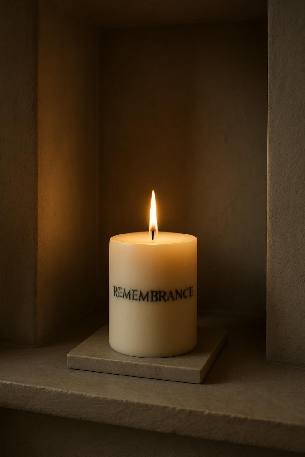 Candle on a shelf with the word "REMEMBRANCE" written on the candle in the image.